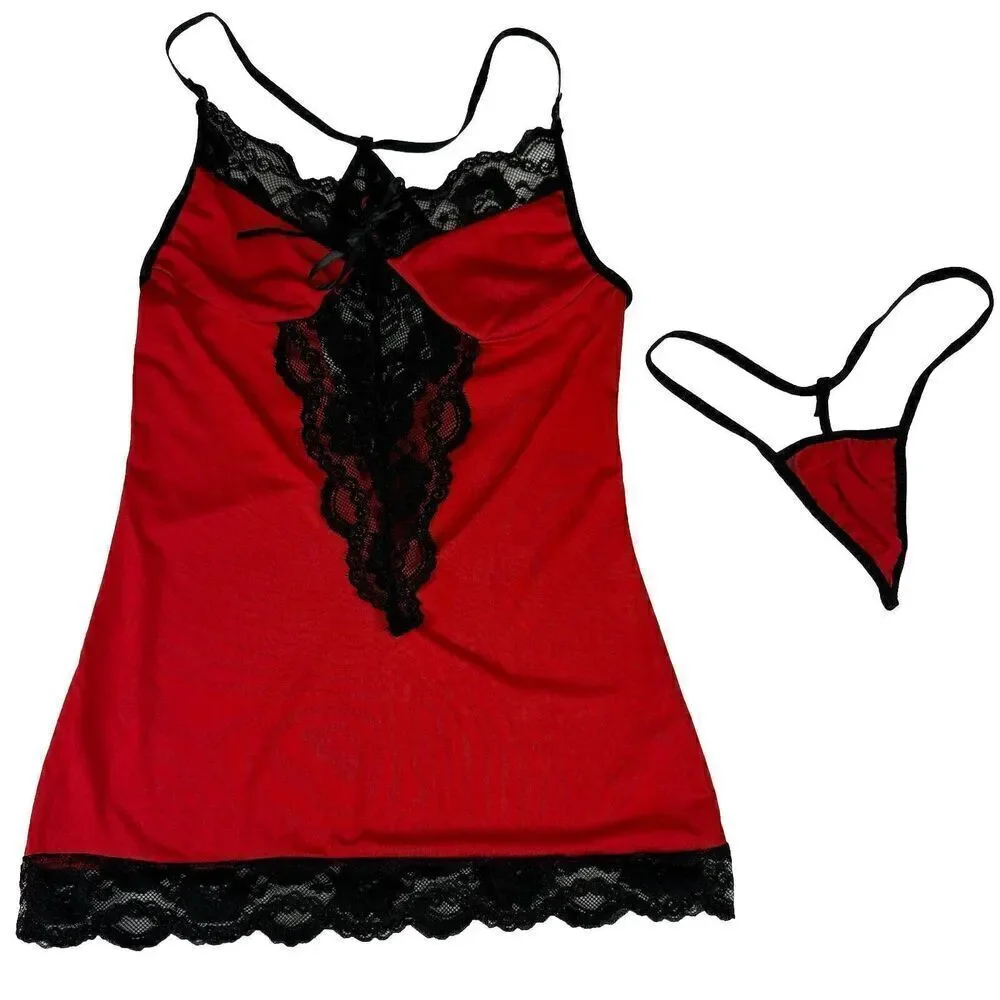 Red Nightgown Set Black Lace Stretchy Size Small Lingerie